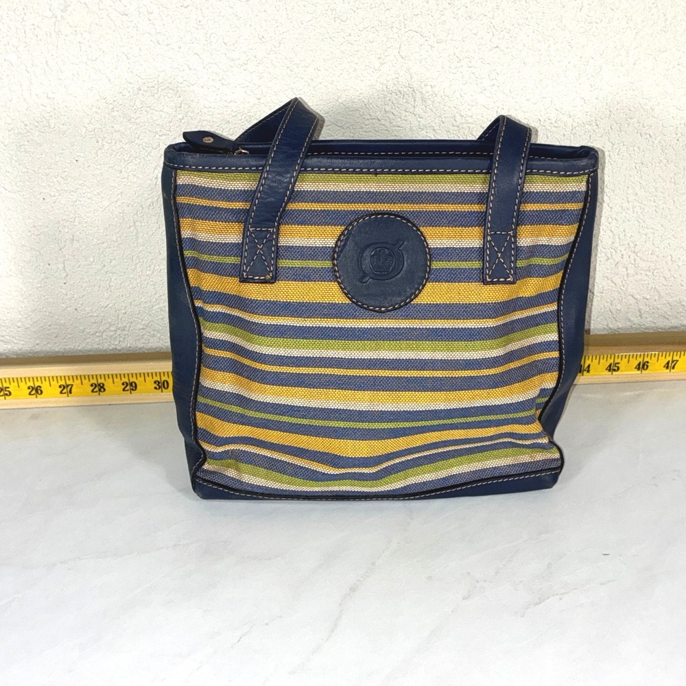 Born Navy Blue Striped Canvas Leather Tote Bag Womens Small Good Preppy Boho